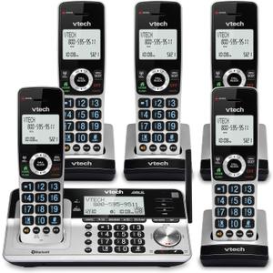 VTech VS113-5 Extended Range 5 Handset Cordless Phone for Home with Call Blocking, Connect to Cell Bluetooth, 2" Backlit Screen, Big Buttons, and Answering System, Silver & Black