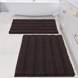 H.VERSAILTEX 2 Piece Bathroom Set - Super Absorbent Chenille Striped Bath Mats - Non Skid, Machine Washable - Chocolate, 24 x 36 Plus 20 x 32 Inches