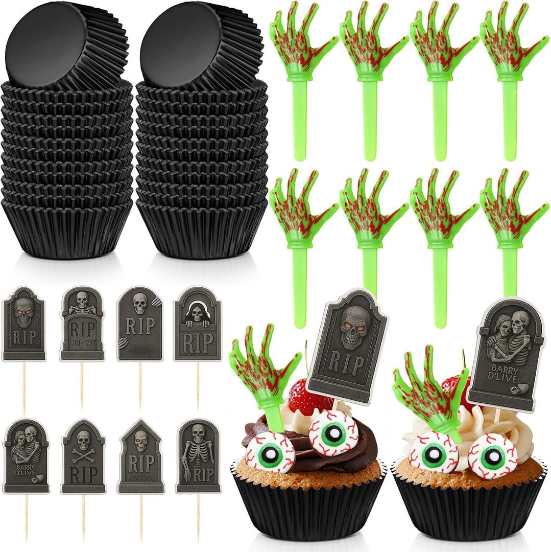 Meanplan 48 Sets Halloween Zombie Hands Cake Decorations Skeleton Hands Cupcake Toppers Black Cupcake Liners Tombstones Graveyard Cake Picks for Zombie Birthday Spooky Halloween Party Decorations