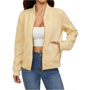 Verdusa Women's Zip Up Bomber Jacket Casual Long Sleeve Textured Lightweight Coat Business Casual Outfits Spring Fall Clothes Yellow, Medium