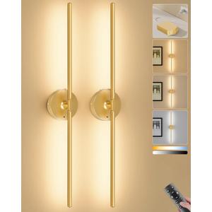 Battery Operated Wall Sconces Set of 2, 8000mAh Wireless Rechargeable 3000-6000K Dimmable 350 Rotate Wall Light with Remote for Living Room, Bedroom 31.6in Gold