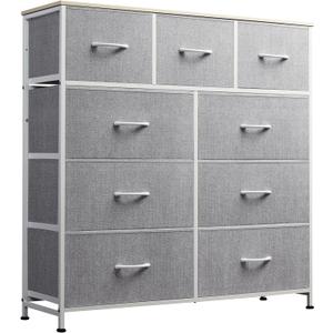 WLIVE 9-Drawer Dresser, Fabric Storage Tower for Bedroom, Hallway, Entryway, Closet, Tall Chest Organizer Unit with Fabric Bins, Steel Frame, Wood Top, Easy Pull Handle, Light Grey