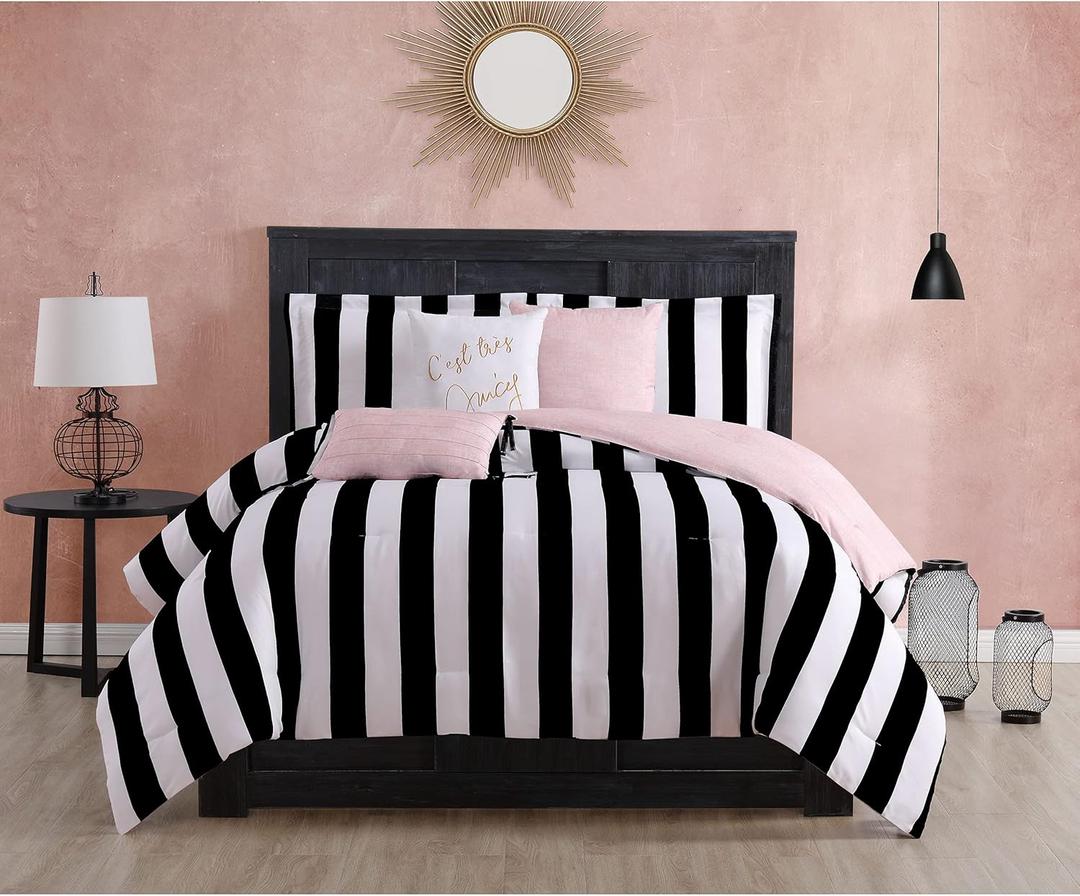 Juicy Couture Comforter Set, Cabana Stripe Design, Twin Bedding, 5 Piece Set Includes 1 Comforter, 1 Sham and 3 Decorative Pillows, 100% Microfiber Polyester, Wrinkle Resistant