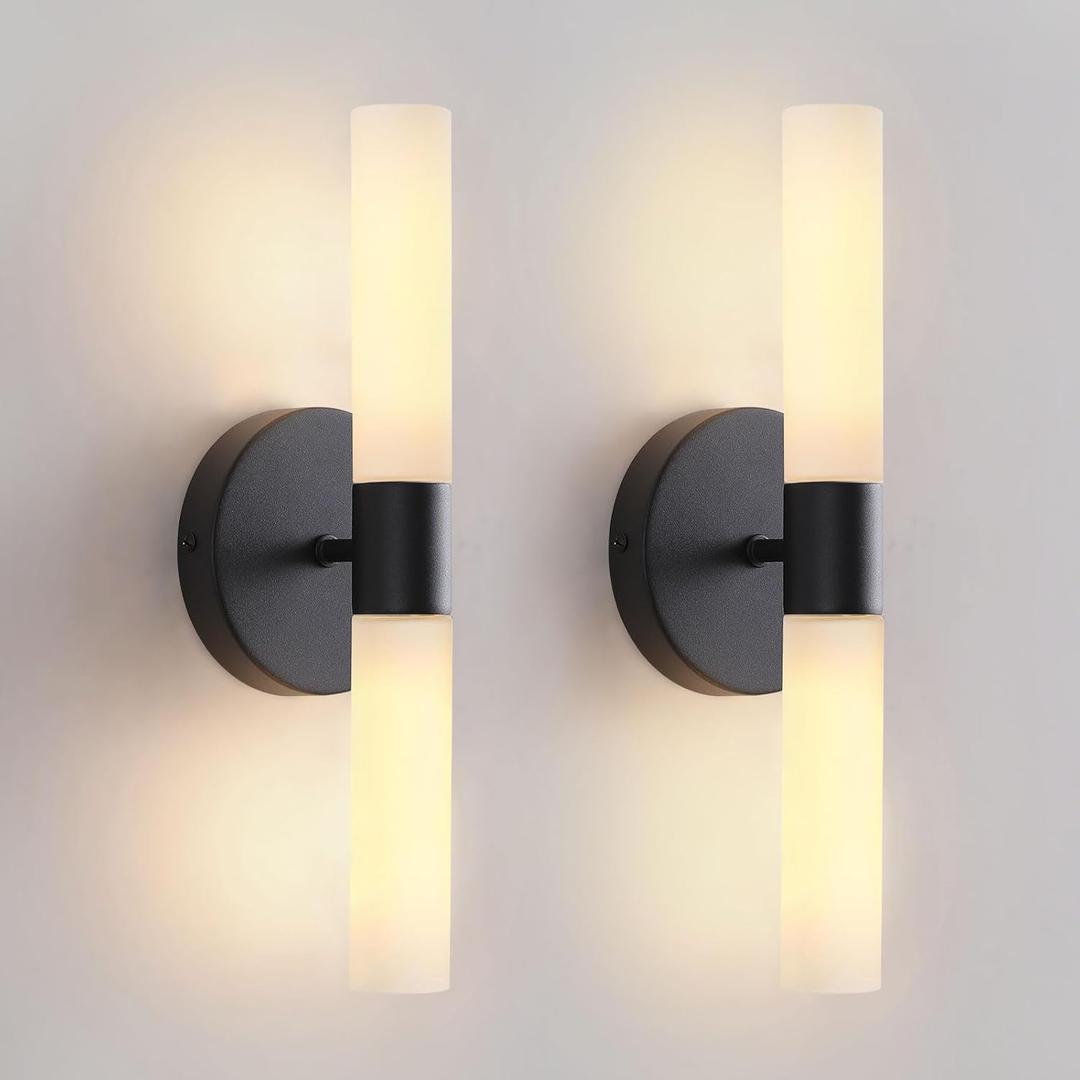KUZZULL Wall Sconces Set of Two Matte Black Bathroom Wall Sconce Light Set of 2 Modern Wall Light Fixtures Metal Sconces Wall Lighting with White Glass Shade Wall Mounted Lamp for Living Room