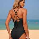 ZAFUL Womens Tankini Swimsuits Smocked 2 Piece Bathing Suits Modest Tie Back Swimwear (Black, S)