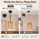Rattan Pendant Light, 6 Inch 2-in-1 Boho Hanging Fixture with Iron Rods & Linen Shade, Adjustable Height & Sloped Ceiling Compatible for Kitchen Island Dining Room Farmhouse Bedroom, 2 Pack