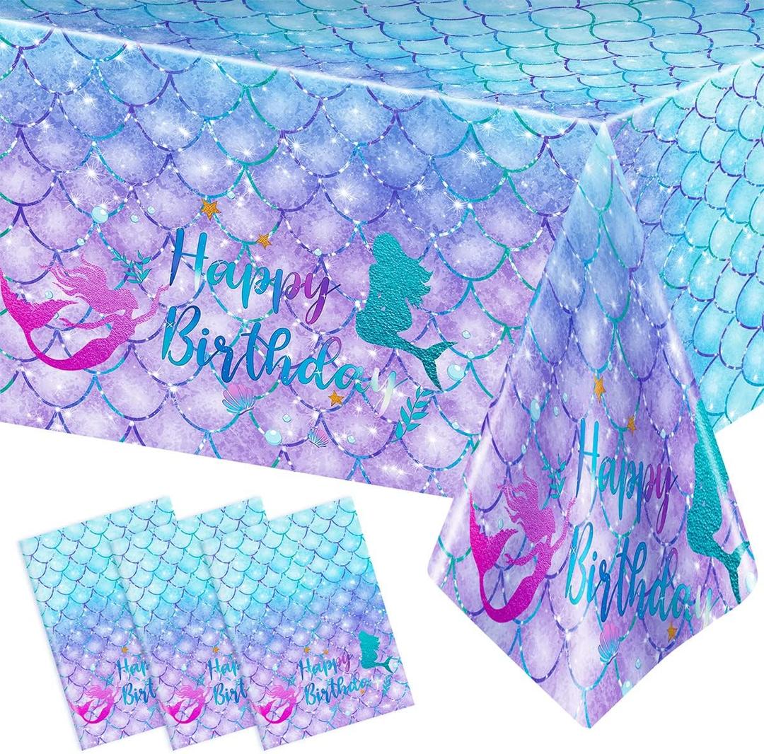 DaiUni 3PCS Mermaid Birthday Tablecloths for Birthday Party Decoration, Plastic Disposable Rectangle Table Covers for Kids Girls Party Supplies, 54" x 108"