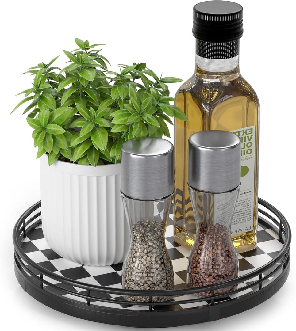 Black and White Kitchen Lazy Susan Turntable Checkered Round Decorative Tray, 9" Table Top Oak Wood Lazy Susan for Cookies, Dining Table Organizer, Small Kitchen Table Centerpiece