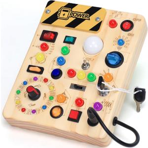 Busy Board with LED Light Switches, Montessori Toys for 1 2 3 Years Old, Toddlers Wooden Toy Sensory Activity Board, Travel Toys for 1+ Year Old Boy & Girl Birthday Gift
