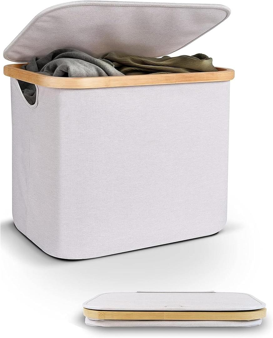 Easyday Laundry Hamper with Lid - Clothes Hamper with Removable Laundry Bag and Bamboo Handles, Foldable Laundry basket for Laundry Room, Bathroom, Bedroom (Light Gray, 40L)