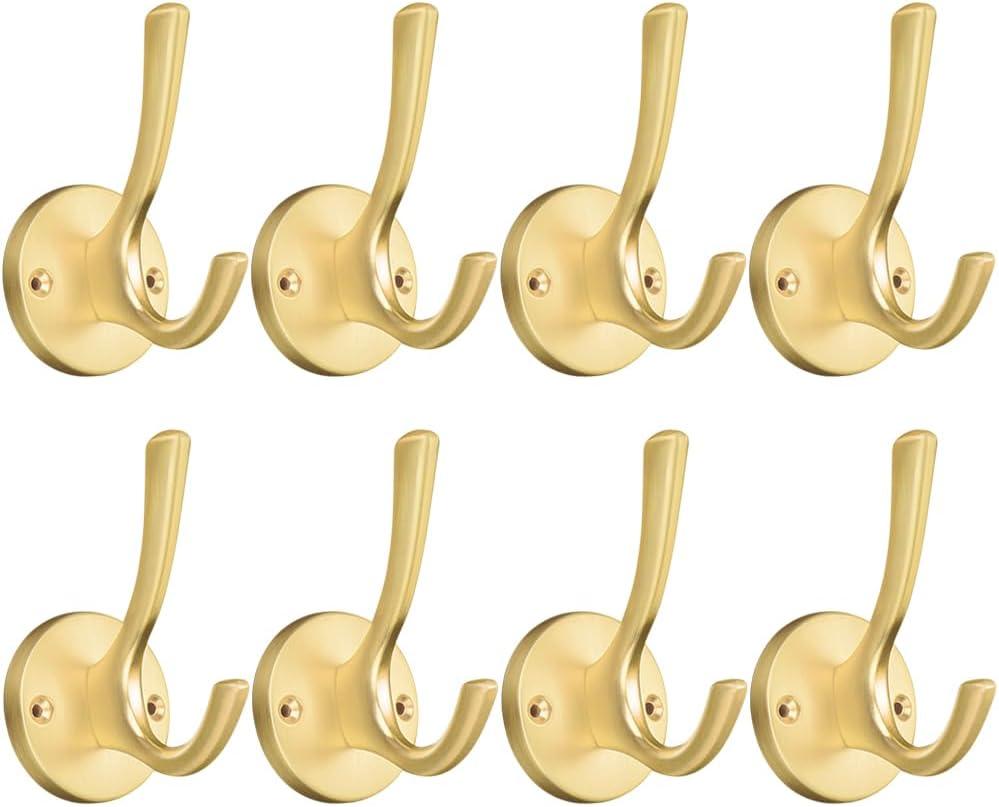 Coat Hooks for Hanging Coat Hooks for Wall Mounted Brass Wall Hooks Heavy Duty Brushed Robe Closet Hooks for Hanging Coats Entryway Metal Towel Hooks for Bathrooms (8, Gold)