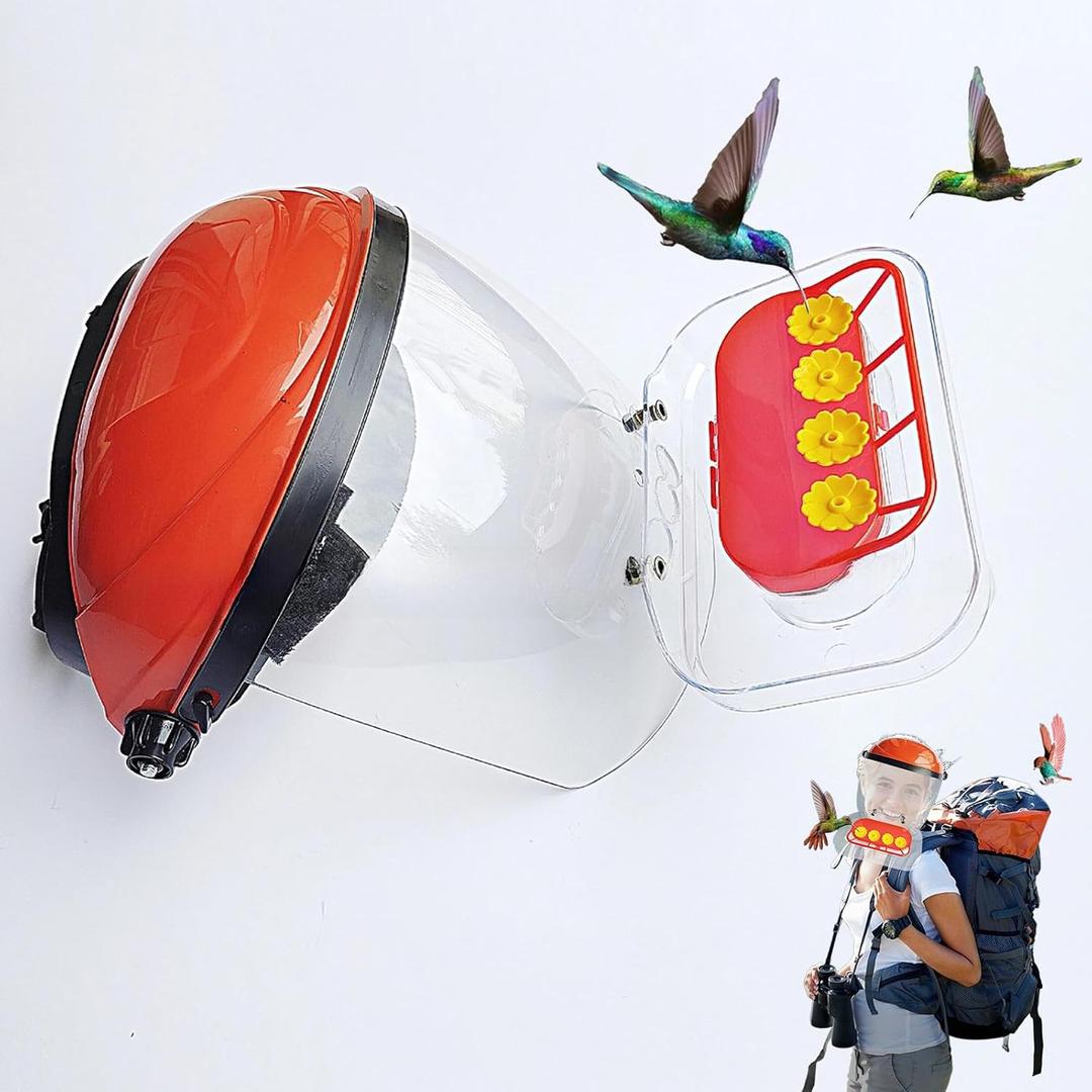 Hummingbird Feeder Hat Mask | Helmet-Style Hands-Free Design | 4 Spill-Proof Ports & Food Tray & Adjustable Headband | Lightweight PVC for Outdoor & Parent-Child Birdwatching | Red | 2 in 1