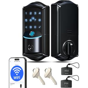Veise VE027 Built-in Wi-Fi Smart Lock, Fingerprint Keyless Entry Front Door Lock, App Remote & Voice Control, No Hub Needed, Touchscreen Keypad Deadbolt, IP65 Waterproof, BHMA Grade 3, Matte Black
