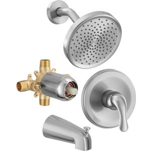 Tub Shower Faucet Set with Valve, Tub and Shower Faucet Set Complete Brushed Nickel, Single-Handle Tub and Shower Trim Kit with High-Pressure 6 Inch Rain Shower Head and Tub Spout