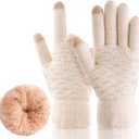 Women's Winter Warm Touch Screen Gloves Womens Thermal Cable Knit Wool Fleece Lined Glove for Cold Weather (Beige)