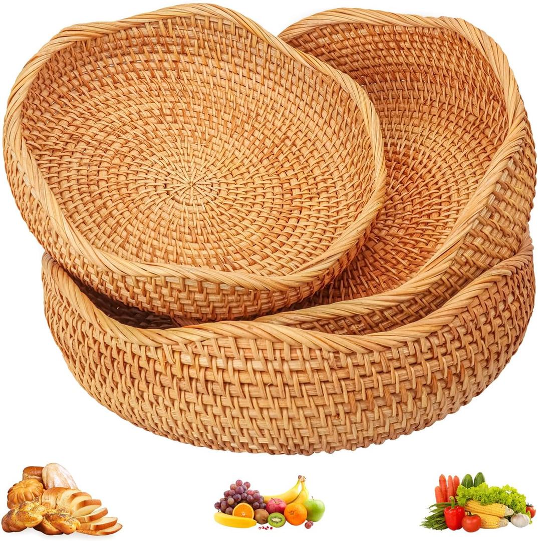 3 PCS Rattan Bread Basket - 3 Size Authentic Handmade Decorative Woven Baskets for Kitchen, Round Rattan Fruit Baskets Bowls for Table, Kitchen Decor