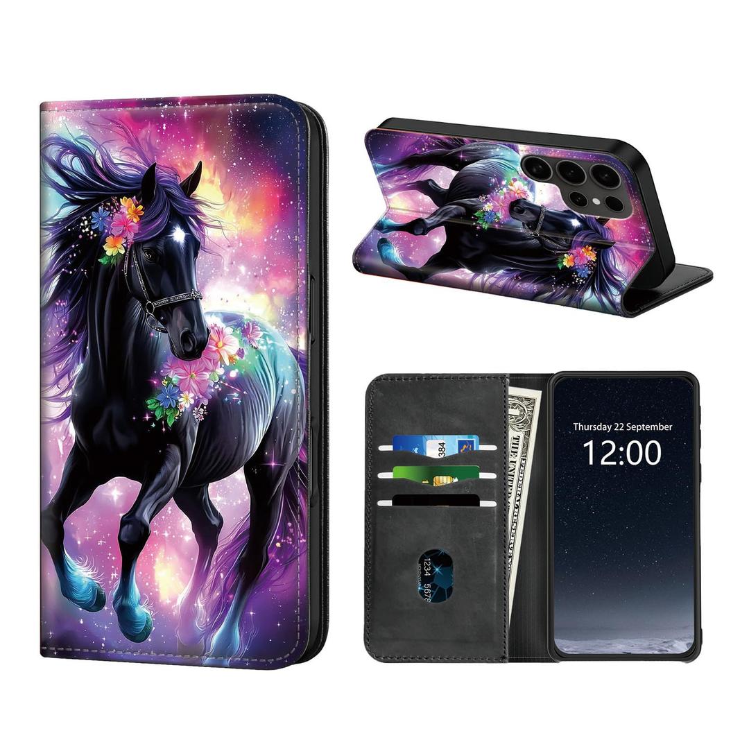 KUJKBFWJ Phone Case Wallet for Samsung Galaxy A35, RFID Women Approved Cell Phone Wallet with 3 Card Slots, Colorful Horse,Flip PU Leather Magnetic Closure Cover for Galaxy A35