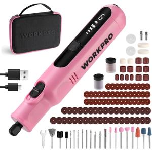 WORKPRO Cordless Rotary Tool, 8V Rotary Tool Kit with 117 Accessories, 6 Variable Speed, Type-C Charging, LED Work Light, Power Rotary Tool for Sanding, Polishing, Engraving, Cutting, DIY, Pink Ribbon
