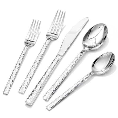 KINGSTONE 20 Piece Hammered Silverware Set, 18/10 Stainless Steel Flatware Set for 8, Cutlery Set for Home, Party, Wedding, Mirror Polished Dishwasher Safe
