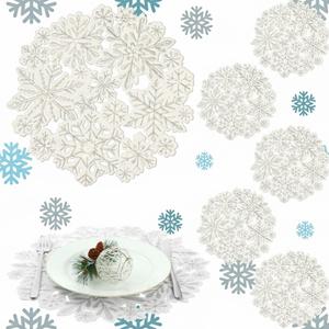 Yingzhao 6 Pack Ivory White Christmas Snowflake Placemats Embroidered Table Placemats Washable Round Snow Flake Table Mats for Xmas Party Winter Holiday Wedding Dinner Decoration
