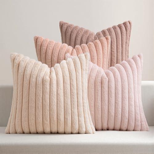 MIULEE Faux Fur Plush Decorative Throw Pillow Covers 18x18 Set of 2, Valentine's Day Cute Modern Soft Romantic Fuzzy Striped Cushion Covers Girl for Sofa Couch Bed Living Room Cozy Home Decor,Pink