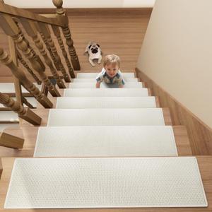 Stair Treads Carpet for Wooden Steps with Non Slip Rubber Backing, 100% Polyester Soft Stairs Resistant Indoor Skid Runner Safety Rugs for Kids Elders and Pets (4, Cream, 30" * 8") (8" x 2'6" (Oblong))