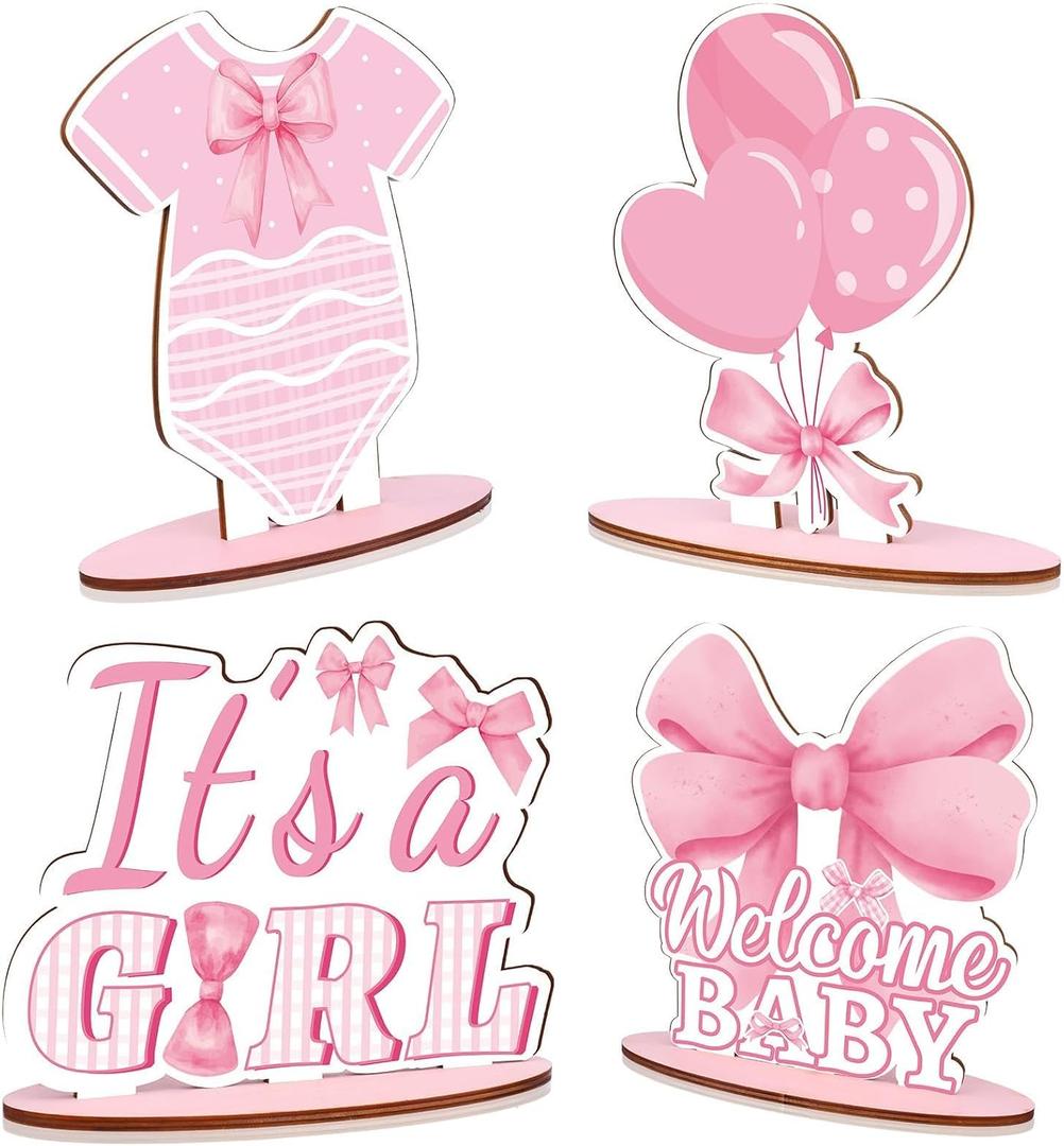 4 Pcs Pink Bow Baby Shower Decorations for Girl Table Wooden Centerpieces It's a Girl Gender Reveal Favors for Guests Coquette Baby Shower Photo Props Summer Supplies