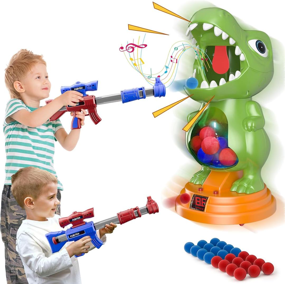 Movable Dinosaur Shooting Toys for Kids 5-7 with 2 Air Pump Gun, Target Shooting Games with LED Score Record, Light & Sound, 24 Foam Balls Competition Game Gift for Boys and Girls 3 4 5 6 7+ (Green)