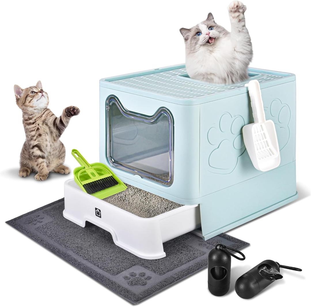 Enclosed Cat Litter Box with Lid Foldable Potty,Drawer Type Extra Large Cover Litter Box with Mat, Kitty Free in and Out/One-Way,Odor Control Anti-Splashing Easy Cleaning (Blue)