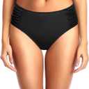Tempt Me Women Bikini Bottoms Mid Waist Bathing Suit Swimsuit Ruched Swim Bottom (Large, Black 1)
