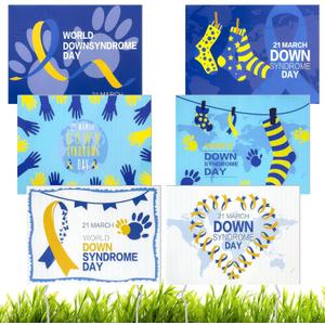 6 Pcs Down Syndrome Awareness Yard Signs Outdoor Decorations Blue and Yellow Ribbon Yard Sign with Stakes for Down Syndrome Awareness Social Event Party Decoration