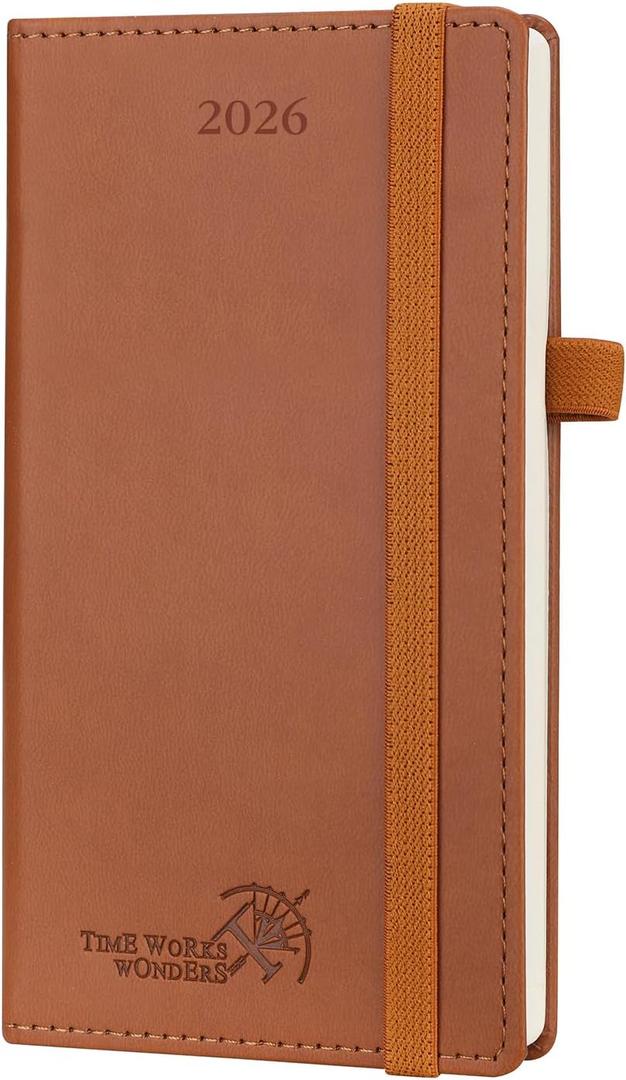 POPRUN Pocket Calendar 2026 (Slim Size-3.5'' x 6.5''), 12 Months (Jan. - Dec. 2026) Small Planner Weekly and Monthly for Purse with Pen Holder, Storage Pocket, Vegan Leather Hardcover - Brown
