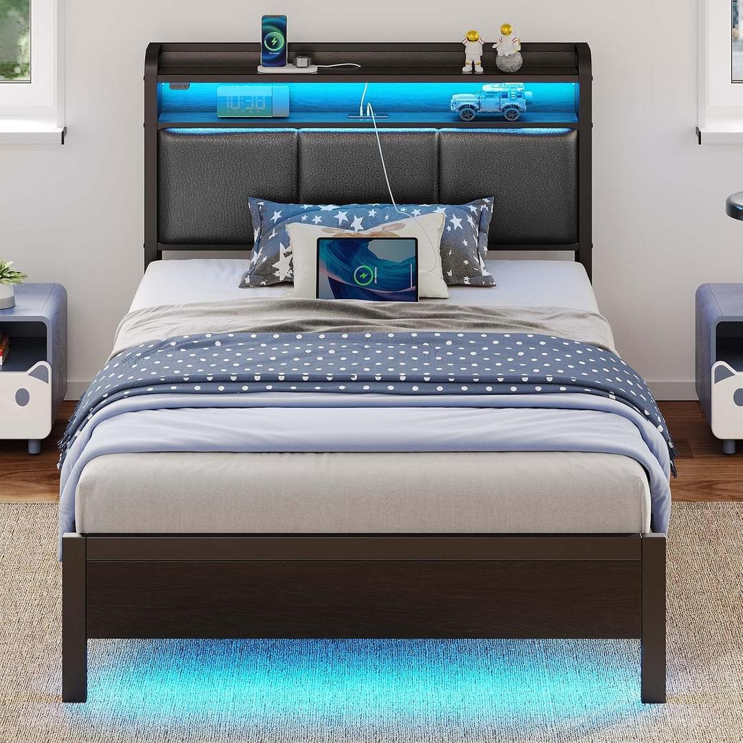 Rolanstar Bed Frame Twin Size with Charging Station and LED Lights, PU Leather Headboard with Storage Shelves, Heavy Duty Metal Slats, No Box Spring Need, Noise Free, Easy Assembly, Black