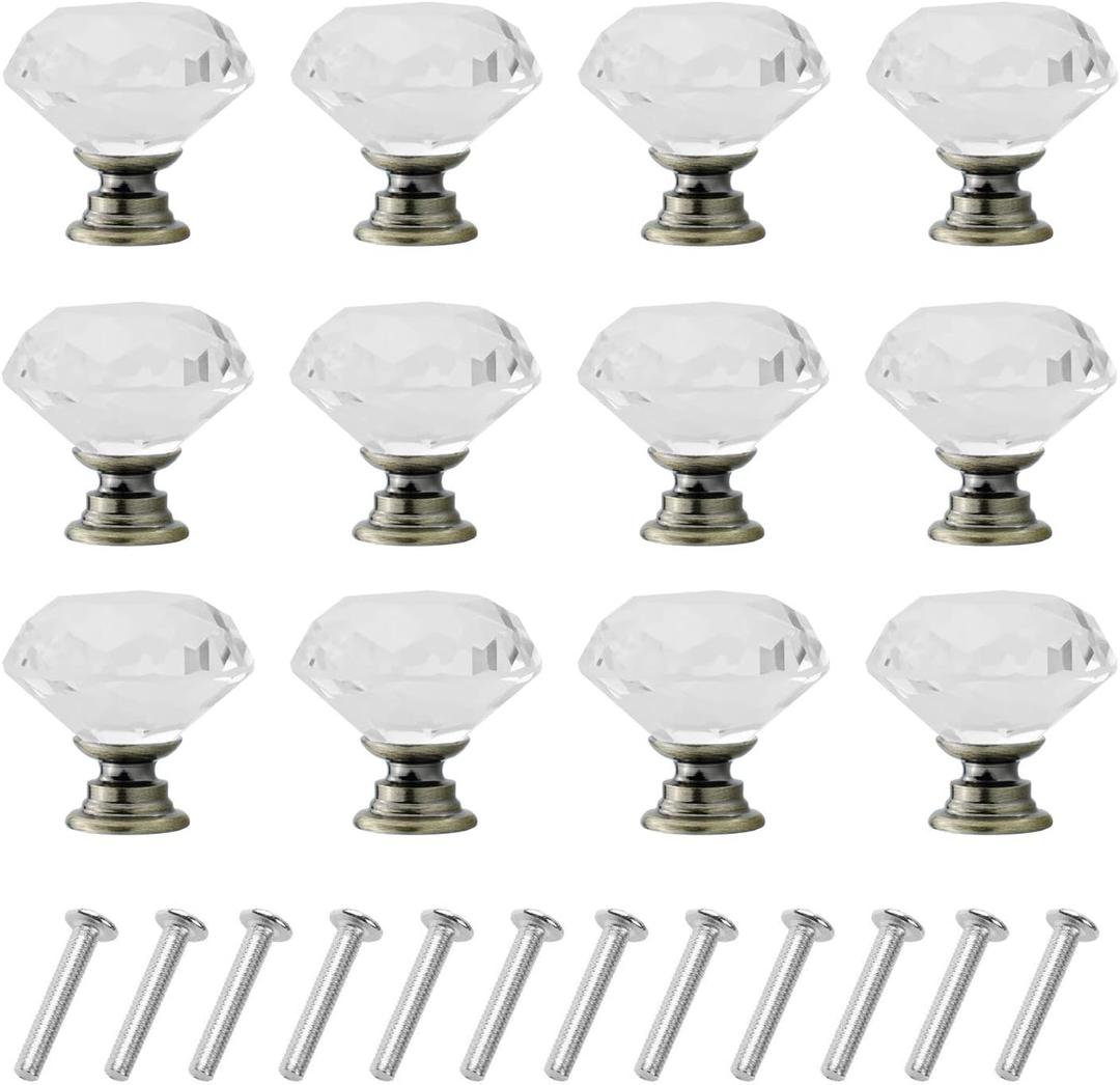 YourGift 12 Pack Drawer Knobs Diamond Shaped Crystal Glass 30mm Cabinet Knobs Pull Handles (Bronze)