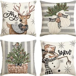 AVOIN colorlife Christmas Snowman Reindeer Gloves Eucalyptus Throw Pillow Covers, 20 x 20 Inch Winter Holiday Stripes Cushion Case Decoration for Sofa Couch Set of 4 (Grey)