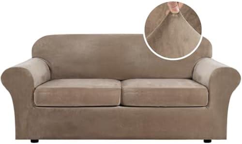 H.VERSAILTEX Real Velvet Plush 3 Piece Stretch Sofa Covers Couch Covers for 2 Cushion Couch Sofa Slipcovers Width Up to 90 Inch Feature Thick Soft Stay in Place (Large Sofa, Camel)