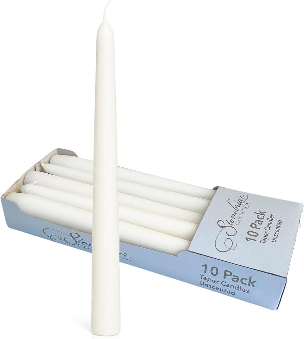 Stonebriar Tall 10" White Unscented 10 Count Taper Candles, 7 Hour Burn Time