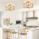 Gold Flush Mount Ceiling Light, 4-Light Brass Vintage Semi Flush Mount Hallway Foyer light fixture, Modern Glass Square Close to Ceiling Light for Kitchen, Dining Room, Bedroom, Bathroom, Entryway