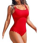 Charmo Womens Scalloped Ribbed One Piece Swimsuits Retro Square Neck Modest Bathing Suits Size XXl