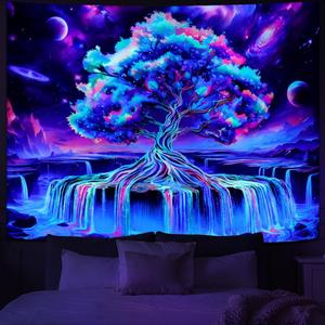Obsecolors Blacklight Tree of Life Tapestry UV Reactive Waterfall Tapestry Galaxy Space Aesthetic Tree Wall Tapestries Colorful Starry Sky Tapestries Wall Hanging for Bedroom, Size: 59.3"L x 39.3"W