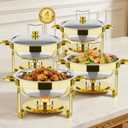 Round Chafing Dishes for Buffet Set, 4 Pcs 5QT Welded Integrated Stand Catering Food Pan Warmer with lid for Parties, Christmas,Catering Events Dinner, Wedding, Buffet&Home(Gold+Silver, 5QT)