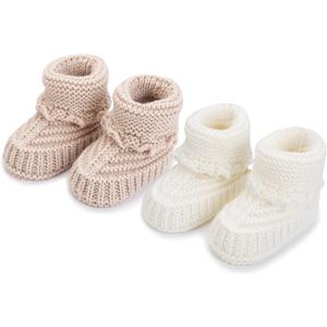 2 Pairs Baby Booties Newborn Baby Hand Crochet Knit Boots Infant Soft Cozy Warm Shoes for Toddler Girls Boys (White)