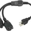 1.5 FT Extension Cord Splitter 1 to 2, 3 Prong Indoor Power Outlet Splitter, 16AWG Cable Wire Extender Space Saver for Halloween Lights, Christmas Decorations, Computer, Scanner, Black