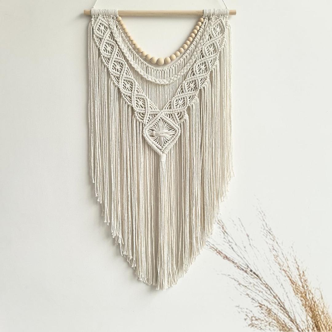 Guzhiou Macrame Wall Hanging Boho Geometric Woven Tapestry Cotton Handmade Bohemian Art Decor with Wood Bead Wall Decor for Bedroom Living Room Apartment Nursery 31.5" L x 17" W(Wood bead-A)