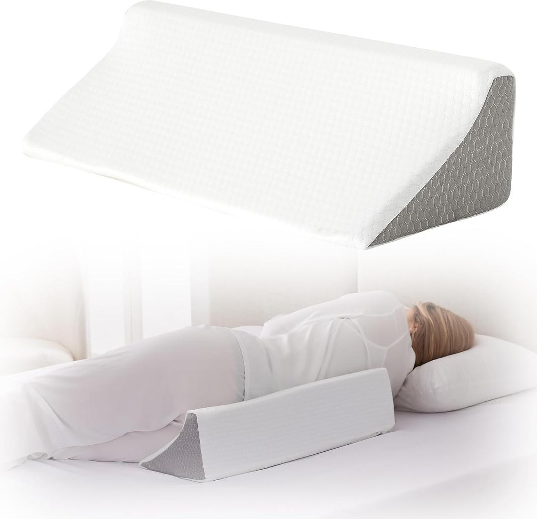 Bedluxe Wedge Pillow for Side Sleeping, Comfort Foam Back Pillow for Side Sleeper, Bed Wedges & Body Positioners for After Surgery, Pregnancy Support, Back Pain, Preventing Bedsores, White/Grey, 23*10*6 Inch
