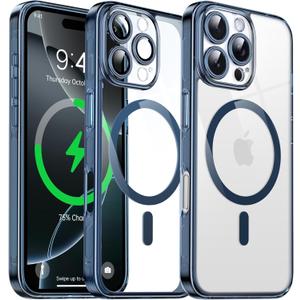 Magnetic Hybrid Clear Case for iPhone 16 Pro- [Compatible with MagSafe] [Built-in Camera Protector] [Not Yellowing] Hard Transparent Back Silicone Edge Phone Case Cover, 6.3", Blue