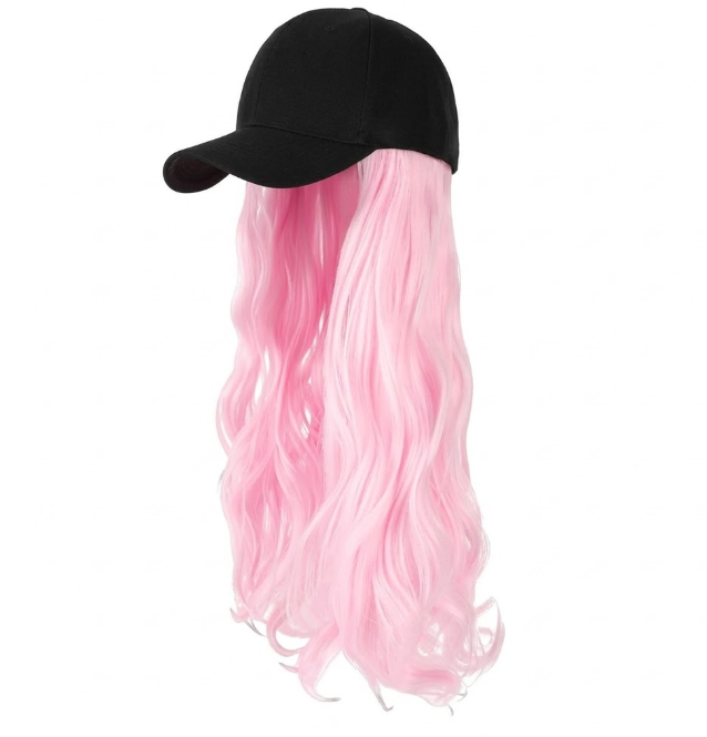 Baseball Hat Wig,Hat with Hair attached 24'' Adjustable Black Cap with Long Wavy Synthetic Hair Extensions for Women Girls(Light Pink)