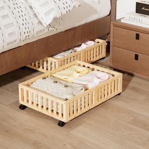 Bamboo Under Bed Storage with Wheels,Rolling Underbed Shoe Organizer Box for Shoes,Blankets,Toys,Clothes Container Space-Saving Bins for Bedroom,Closet,Dorm,Nursery