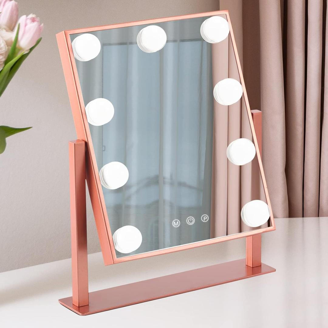 Makeup Mirror with Lights, Hollywood Mirror Lighted Vanity Mirror with 9 LED Bulbs, Touch Control Design 3 Colors Dimmable Bulbs Detachable 10X Magnification 360Rotation(Rose Pink)