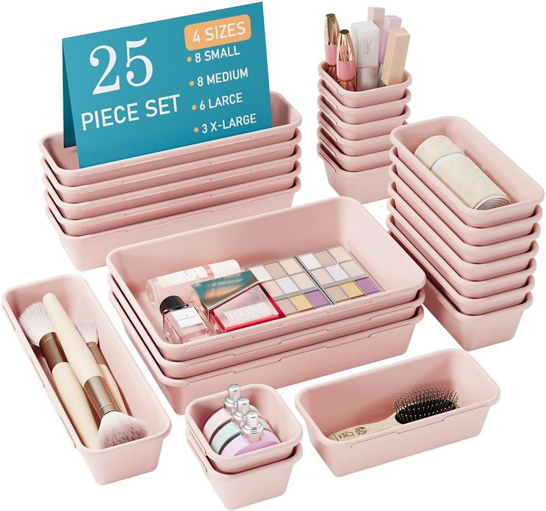25 PCS Pink Drawer Organizer Set, 4 Size Interlocking Plastic Storage Bins for Office Supplies, Jewelry Makeup Vanity, Bathroom Kitchen, Home Organization Closet, Gadgets Small Items